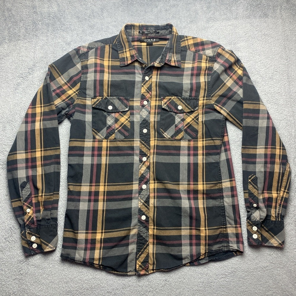 21 Men An American Brand Mens Small Button Down Red/Gold/Black‎ Plaid Shirt